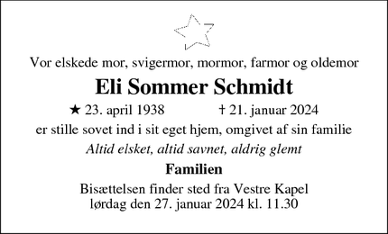 Dødsannoncen for Eli Sommer Schmidt - Horsens