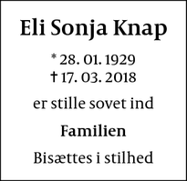 Dødsannoncen for Eli Sonja Knap - Farum