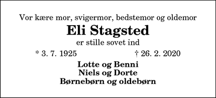 Dødsannoncen for Eli Stagsted - Smidstrup