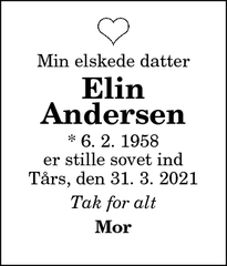 Dødsannoncen for Elin Andersen - Tårs