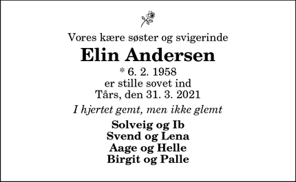 Dødsannoncen for Elin Andersen - Tårs