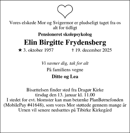Dødsannoncen for Elin Birgitte Frydensberg - Dragør