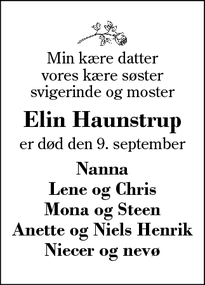 Dødsannoncen for Elin Haunstrup  - Snejbjerg
