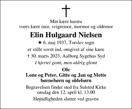 Dødsannoncen for Elin Hulgaard Nielsen - Vestbjerg