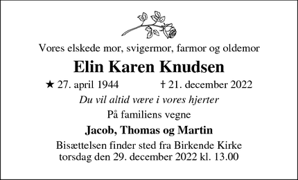 Dødsannoncen for Elin Karen Knudsen - Langeskov
