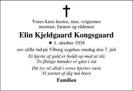 Dødsannoncen for Elin Kjeldgaard Kongsgaard - Lihme