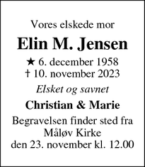 Dødsannoncen for Elin M. Jensen - Måløv