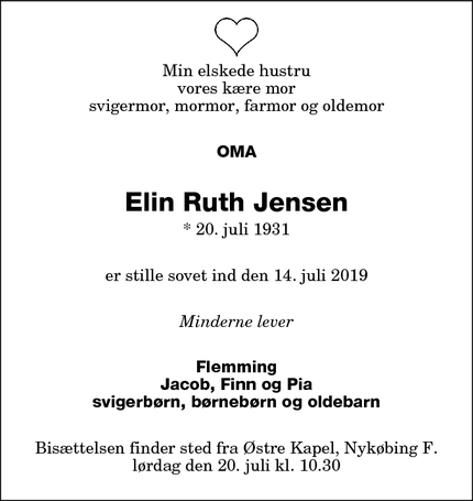 Dødsannoncen for Elin Ruth Jensen - Nykøbing F