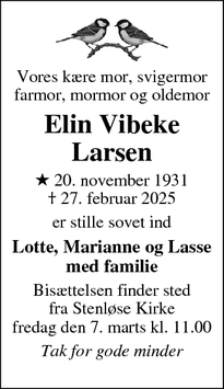 Dødsannoncen for Elin Vibeke
Larsen - Hillerød