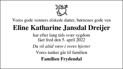 Dødsannoncen for Eline Katharine Jansdal Dreijer - Glamsbjerg