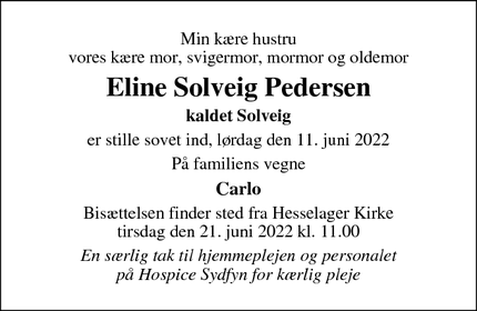 Dødsannoncen for Eline Solveig Pedersen - Gram