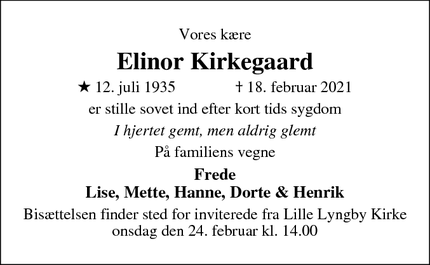 Dødsannoncen for Elinor Kirkegaard - Hillerød