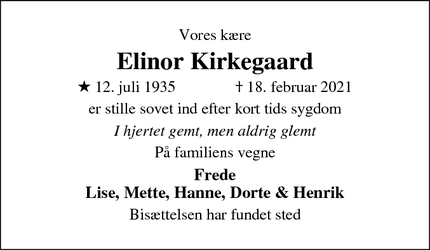 Dødsannoncen for Elinor Kirkegaard - Hillerød