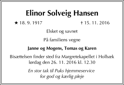 Dødsannoncen for Elinor Solveig Hansen - Charlottenlund