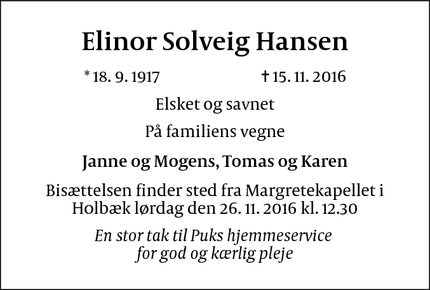 Dødsannoncen for Elinor Solveig Hansen - Charlottenlund