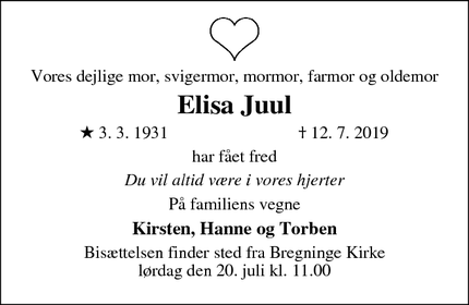 Dødsannoncen for Elisa Juul - Svendborg