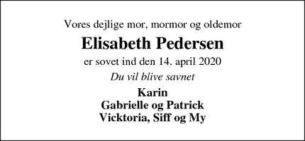 Dødsannoncen for Elisabeth Pedersen - Glumsø