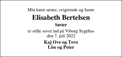 Dødsannoncen for Elisabeth Bertelsen - Skive