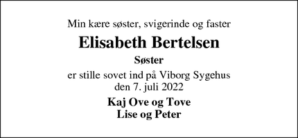 Dødsannoncen for Elisabeth Bertelsen - Skive