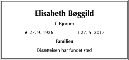 Dødsannoncen for Elisabeth Bøggild - frederiksberg