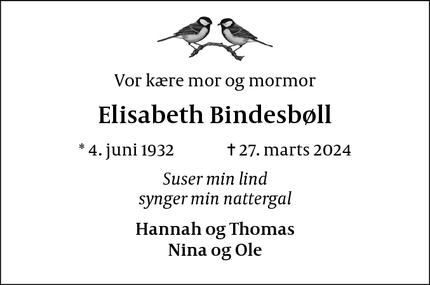Dødsannoncen for Elisabeth Bindesbøll - Nærum