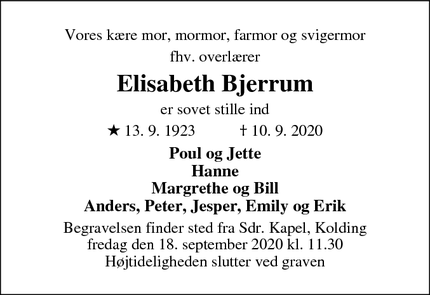Dødsannoncen for Elisabeth Bjerrum - Kolding