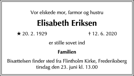 Dødsannoncen for Elisabeth Eriksen - Frederiksberg