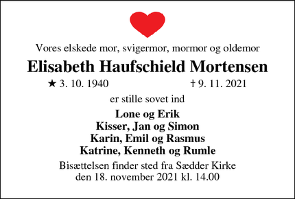 Dødsannoncen for Elisabeth Haufschield Mortensen - Tureby