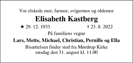 Dødsannoncen for Elisabeth Kastberg - Espergærde