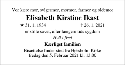 Dødsannoncen for Elisabeth Kirstine Ikast - Hørsholm