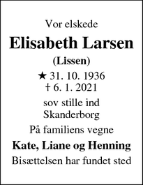 Dødsannoncen for Elisabeth Larsen - Skanderborg 