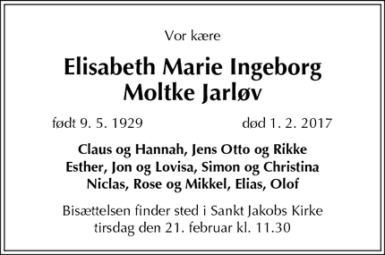Dødsannoncen for Elisabeth Marie Ingeborg
Moltke Jarløv - København