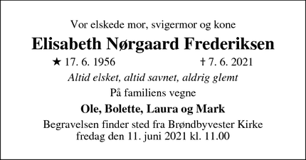 Dødsannoncen for Elisabeth Nørgaard Frederiksen - Tranum, Nordjylland