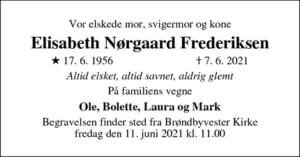 Dødsannoncen for Elisabeth Nørgaard Frederiksen - Tranum, Nordjylland