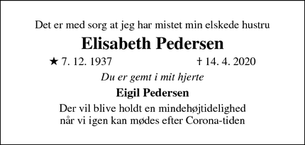 Dødsannoncen for Elisabeth Pedersen - Glumsø