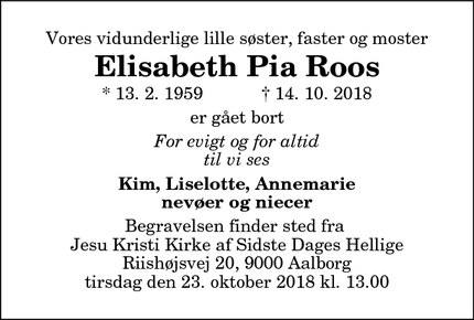 Dødsannoncen for Elisabeth Pia Roos -  Klitfogedvej 1A, 9492 Blokhus