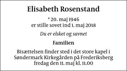 Dødsannoncen for Elisabeth Rosenstand - Gentofte