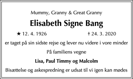 Dødsannoncen for Elisabeth Signe Bang - københavn