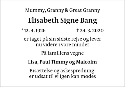 Dødsannoncen for Elisabeth Signe Bang - københavn