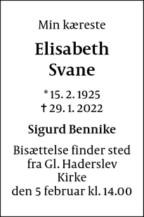 Dødsannoncen for Elisabeth Svane - Haderslev