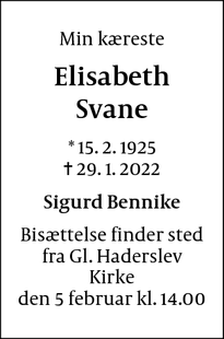Dødsannoncen for Elisabeth Svane - Haderslev
