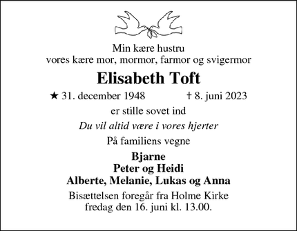 Dødsannoncen for Elisabeth Toft - 8270 Højbjerg