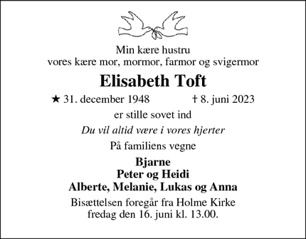 Dødsannoncen for Elisabeth Toft - 8270 Højbjerg