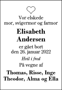 Dødsannoncen for Elisabeth
Andersen - Silkeborg