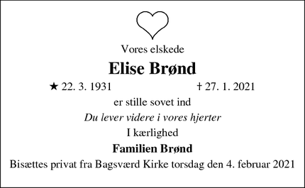 Dødsannoncen for Elise Brønd - Bagsværd
