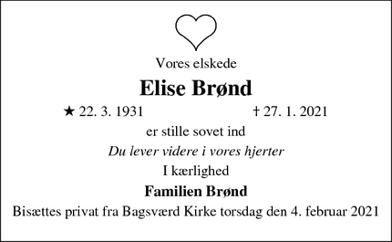 Dødsannoncen for Elise Brønd - Bagsværd