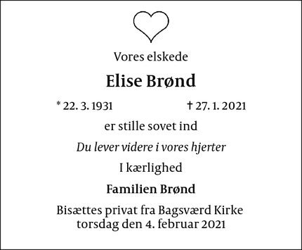 Dødsannoncen for Elise Brønd - Bagsværd
