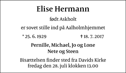 Dødsannoncen for Elise Hermann - København K