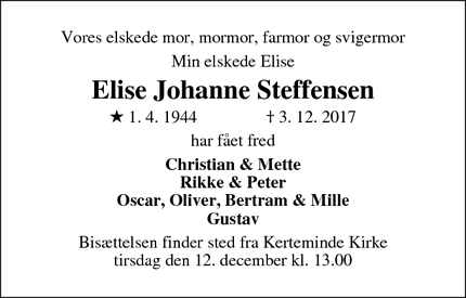 Dødsannoncen for Elise Johanne Steffensen - Kerteminde
