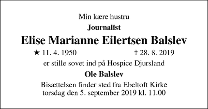 Dødsannoncen for Elise Marianne Eilertsen Balslev - Ebeltoft